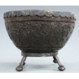 Chinese carved coconut tea bowl decorated with a deer amongst foliage, probably Kangxi with later