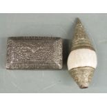 A white metal Indian box and a shell, mounted with white metal, largest L21cm