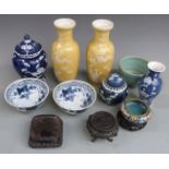 Chinese ginger jars, celadon style dish, pair of vases, hardwood stands, cloisonné etc, tallest