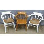 Three elm seated elbow chairs (two painted white)