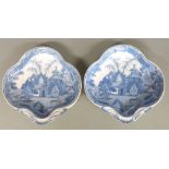 Pair of 19thC transfer printed dishes blue and white with deer decoration