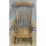 19thC elm seated Windsor armchair, H109cm