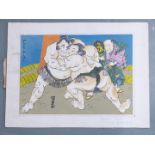 Japanese hand coloured print of Sumo wrestlers, overall size 26 x 35mm