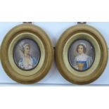Two watercolour portrait miniatures of women in period dress, monogrammed bz, H8cm