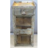 Air Ministry industrial/ haberdashery iron and mesh cupboard with drawer above, W46 x D46 x H100cm