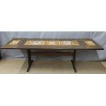 Retro Danish Farstrup tile inset dining table and six chairs (2+4), the table with double end