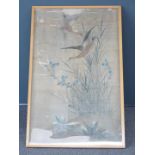 Pair of Chinese / Japanese oil on silk painting of geese, one with seal marks lower right, each