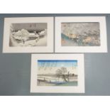 Three Japanese woodblock prints after Ando / Utagawa Hiroshige (1797-1858), 'Snowfall at