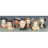 Seven Royal Doulton large character jugs comprising Henry VIII and Six Wives, tallest 20cm