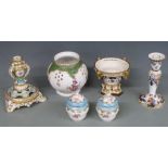 Bloor Derby pot pourri, Spode, Imari candlestick, pierced tazza base etc, tallest 16cm