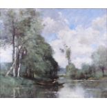 Paul Désiré Trouillebert (French 1831-1900) oil on canvas boatman on a tree lined river, signed