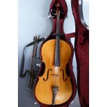 Antonius Stradivarius 20thC copy cello, with two piece 75cm back, in fitted case with two bows, 59