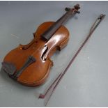 Stradivarius copy late 19thC violin, with 35cm two-piece back, in original coffin style case, with