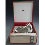 Marconiphone portable record player with Garrard deck, in red Rexine finish