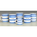 T G Green Cornishware including four covered storage jars Sultanas, Peas, Sago and one unnamed,