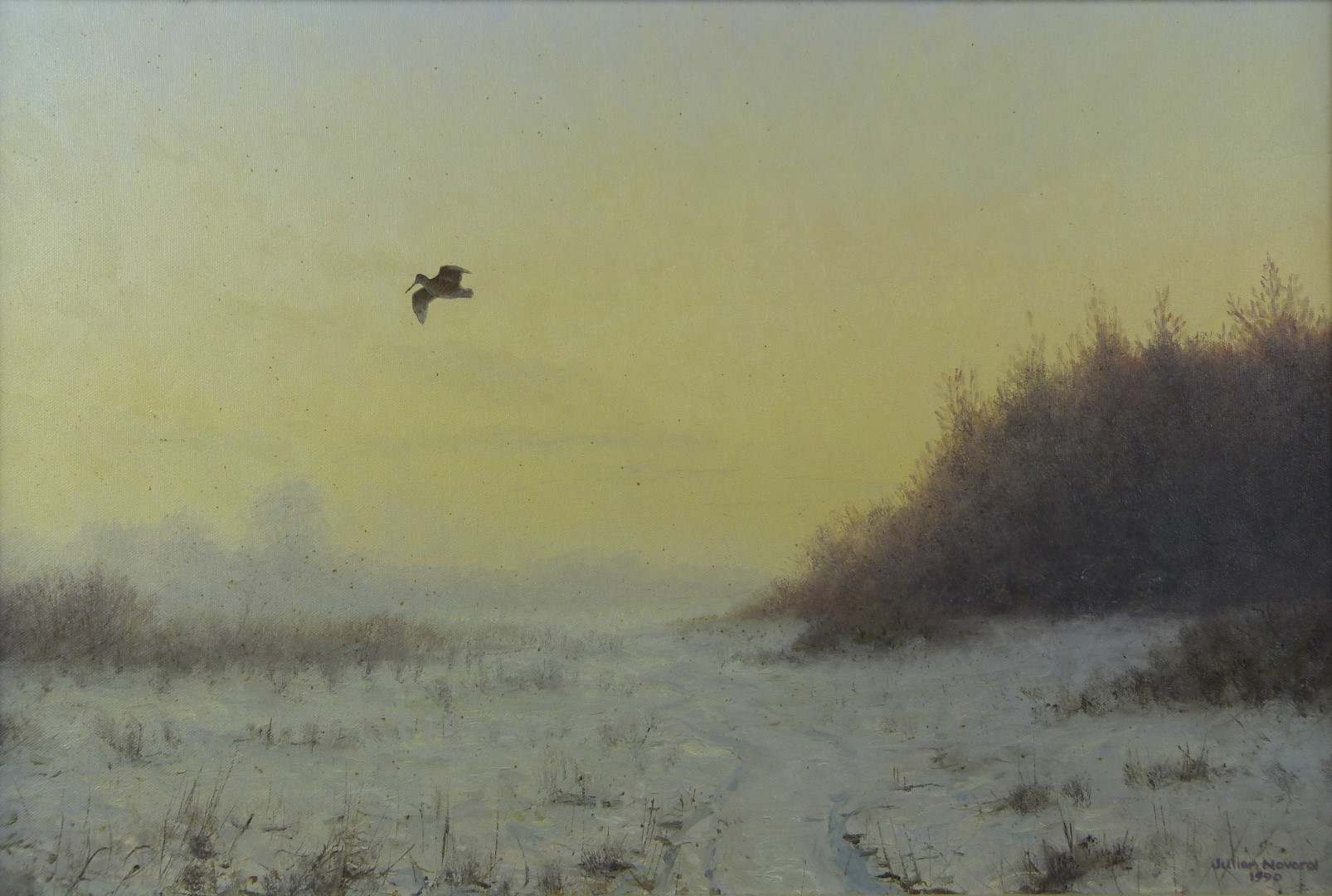 Julian Novorol (b1949) oil on canvas of a woodcock in flight in winter landscape, signed and dated