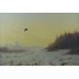 Julian Novorol (b1949) oil on canvas of a woodcock in flight in winter landscape, signed and dated