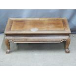Chinese elm low altar table raised on ball and claw feet, L75 x D40 x H28cm