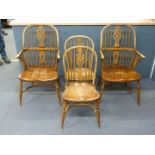 Set of four (2+2) bespoke elm seated dining chairs including two Windsor examples