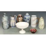 Two Victorian relief moulded jugs, two Cam Pottery bottle vases, Chinese blue and white vase with