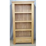 Contemporary light oak bookcase with drawer under, W99 x D36 x H191cm