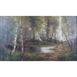 J Williamson oil on canvas woodland path with figure in distance, signed lower right