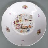 An 18thC dish featuring a deer and a dove in floral landscape, diameter 20cm