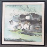 Japanese watercolour landscape with boats beside a house, 66 x 67cm