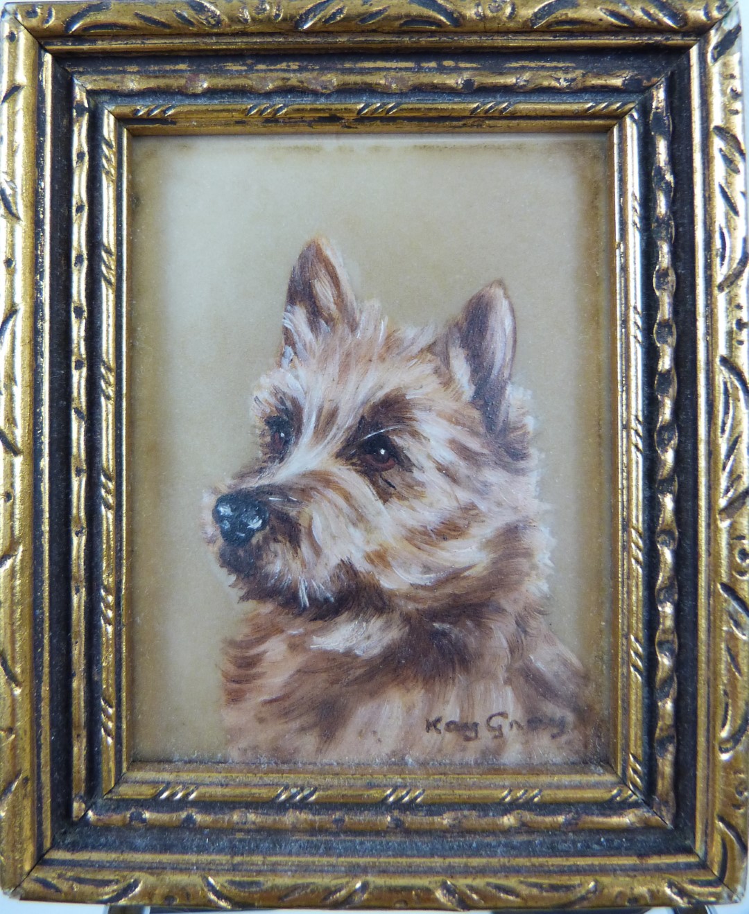 Kay Gray portrait miniature of a Cairn terrier dog, signed lower right, 6 x 4.5cm, together with - Image 5 of 5