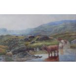 David Gorman watercolour Highland cattle fording a river in mountainous landscape, dated 1878, 27.