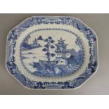 A 19th/ 20thC Chinese blue and white octagonal platter decorated with a coastal scene, 40.5 x 33cm