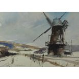 Brian Lancaster (British, 1931-2005) watercolour of a windmill in snowy landscape, signed lower