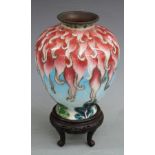 A late 19th/20thC Japanese Ginbari silver vase on stand decorated with red tendrils on a pale blue