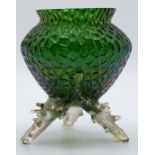 Kralik Diaspora or similar iridescent green glass vase with applied clear feet, 14cm tall.