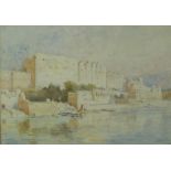 Three watercolours comprising riverside temple, another similar river scene initialled EG and garden
