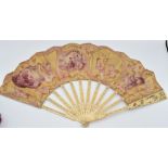 A 19thC Chinese carved ivory fan with pierced guard sticks and watteau scenes, in J Duvellory box