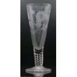 An oversized clear ale glass with twisted stem, engraved decoration of flowers and 'Fiat' marked