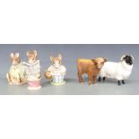Six Beswick items comprising Beatrix Potter figures including Tailor of Gloucester, a Highland