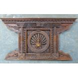 Indian carved hardwood wall plaque with peacock decoration, W66 x D9 x H36cm