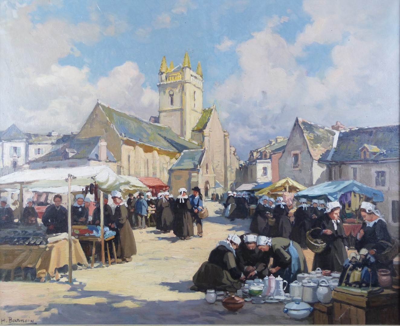 Henri Alphonse Barnoin (French 1882-1940) oil on canvas sunny market day in a French town with