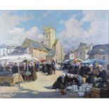 Henri Alphonse Barnoin (French 1882-1940) oil on canvas sunny market day in a French town with