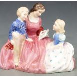 Five Royal Doulton figures including Bedtime Story, Top O'The Hill (2 colourways), Peggy and Linda