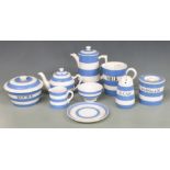 T G Green Cornishware including named Sugar, Marmalade and Butter, small teapot, jugs etc, tallest