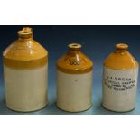 Three stoneware flagons for Wintle Bros Dursley, John Arnold Wickwar and P A Green West Bromwich,