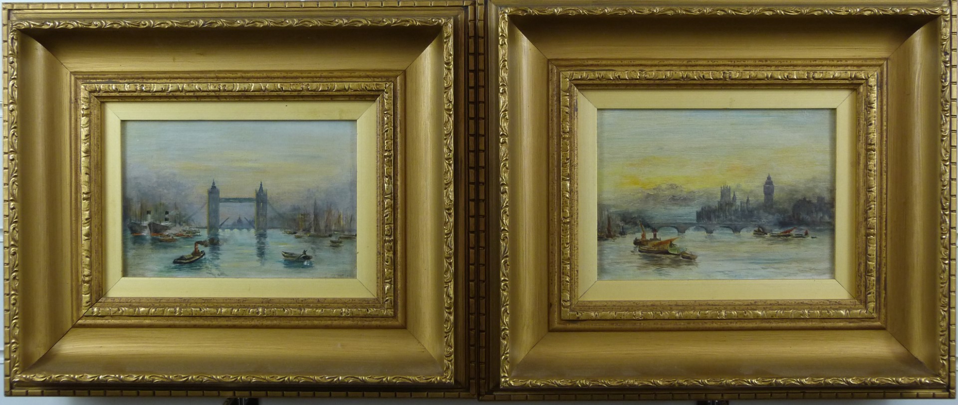 Pair of oils on board Westminster and Tower bridges with shipping, both titled and dated 1921 verso,