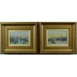 Pair of oils on board Westminster and Tower bridges with shipping, both titled and dated 1921 verso,