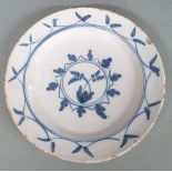 An 18thC Delft plate, probably Bristol, diameter 23cm