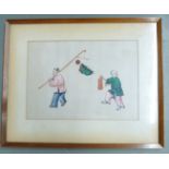 Pair of 19th/20thC Chinese watercolours on rice paper of figures celebrating, possibly New Year,