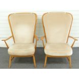 Pair of Ercol beech-framed upholstered armchairs