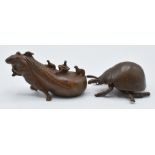 Two Japanese bronzes, a mouse carrying a sack with creatures on and a beetle, both signed to base,